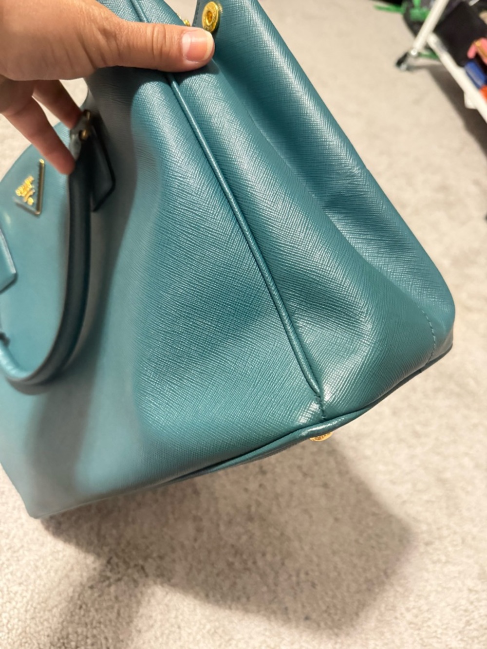 Prada Teal Saffiano Leather Double-Handle Tote with Gold Hardware - Picture 6 of 7